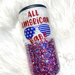Chłodziarka do puszek All American Babe Skinny Can Cooler | Slim Can Coozie | Czerwony, biały i niebieski brokat Skinny Can Cozy | America Tumbler