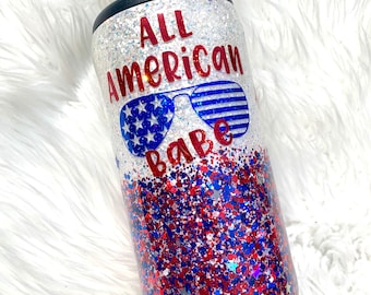 All American Babe Skinny Can Cooler| Slim Can Coozie | Red, White and Blue Glitter Skinny Can Cozy | America Tumbler