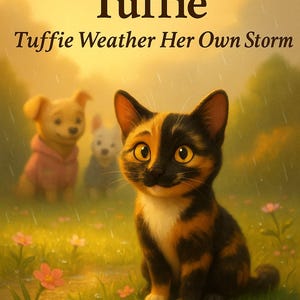 May include: A children's book cover featuring a cartoon cat with orange and black fur, and two dogs in the background. The title reads "MeMe, JJ, and Tuffie" with the subtitle "Tuffie Weather Her Own Storm." The author's name is Serena N. Brown.