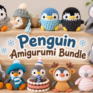 Könnte beinhalten: Eine Sammlung von zwölf gehäkelten Pinguin-Amigurumi-Puppen in verschiedenen Farben und Outfits, darunter Mützen, Schals und ein Kuchen. Der Text Penguin Amigurumi Bundle ist mittig mit blauen Schneeflockensymbolen abgebildet.