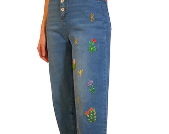 Hand Embroidered Jeans with Floral Design - Unique Handmade Denim