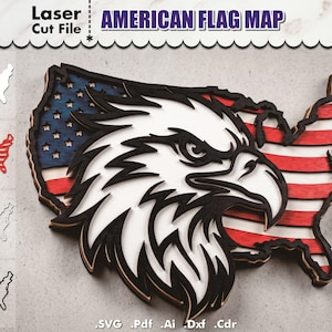 Puede incluir: Un archivo de corte láser de madera del mapa de los Estados Unidos con un diseño de bandera americana y una cabeza de águila. El texto "AMERICAN FLAG MAP" está en la parte superior. El diseño incluye rayas rojas y blancas, azul con estrellas blancas y una cabeza de águila detallada.