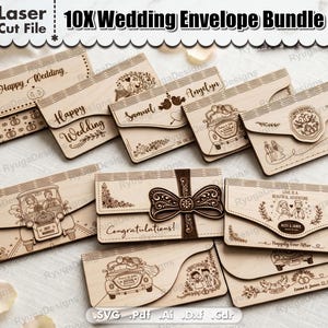 SVG-bundel bruiloftenvelop - 10 lasergesneden geldhouderbestanden, contante geschenkdoos SVG, houten cadeauenvelop voor Glowforge, DIY huwelijkscadeau Craft