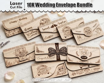 Wedding Envelope SVG Bundle - 10 Laser Cut Money Holder Files, Cash Gift Box SVG, Wooden Gift Envelope for Glowforge, DIY Wedding Gift Craft