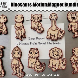 Op de afbeelding: Een verzameling van tien houten dinosaurusmagneten met een lasergesneden ontwerp. Elke magneet toont een andere dinosaurusillustratie met een rode omtrek. De magneten worden getoond op een metalen oppervlak, met de tekst "Dinosaurs Motion Magnet Bundle".