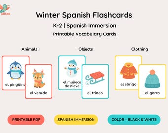 Spanish Winter Flashcards | DLI Vocabulary | Winter Animals, Clothing & Objects | Dual Language Classroom Printable