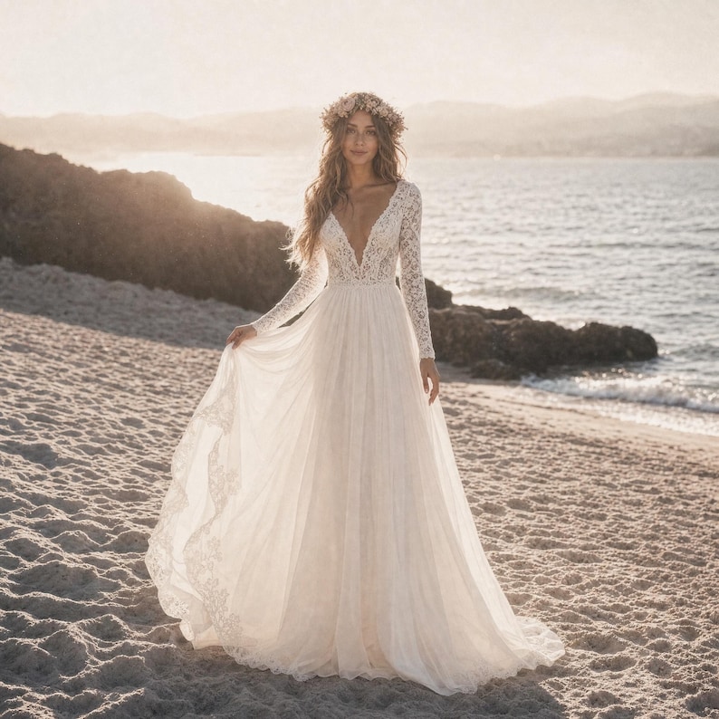Boho Lace Wedding Dress, Long Sleeve V-Neck A-Line Beach Bridal Gown image 2