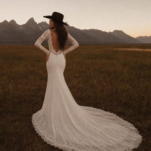 etsy long sleeve wedding dress Long Sleeve Boho Wedding Dress, Open Back Lace Boat Neck Wedding Dress, Low Back Bohemian Bridal Dress, Ethically Made Gown - the Ari Dress