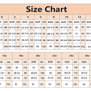 May include: A two-part size chart table with a light peach background and black text. It lists US sizes 0 through 28w, detailing measurements for bust, waist, hips, and hollow to floor in both inches and centimetres for garment sizing reference.