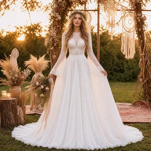 May include: A floor-length white wedding dress featuring long lace sleeves, a fitted bodice with intricate floral embroidery, a sheer illusion neckline, and a flowing A-line skirt made of layered tulle fabric, paired with a matching floral crown.