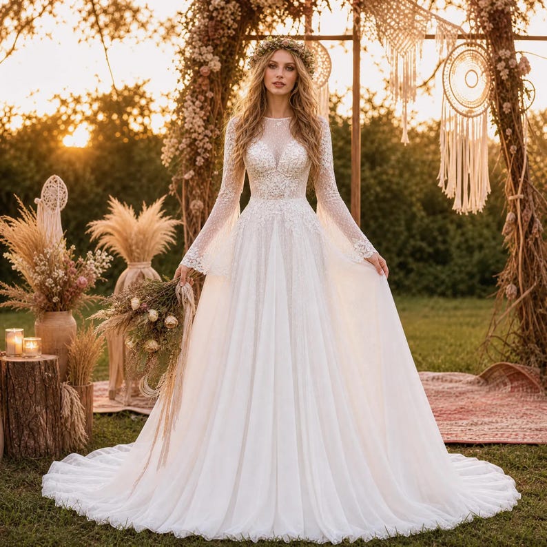 May include: A floor-length white wedding dress featuring long lace sleeves, a fitted bodice with intricate floral embroidery, a sheer illusion neckline, and a flowing A-line skirt made of layered tulle fabric, paired with a matching floral crown.