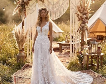 Boho Lace Wedding Dress, V-Neck Sleeveless Bridal Gown, Rustic Country Style