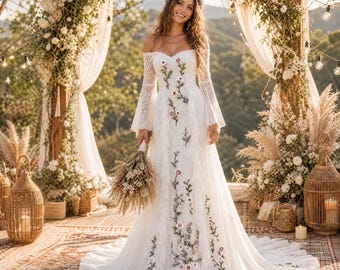 Embroidered Lace Wedding Dress, Off-Shoulder Boho Bridal Gown, Romantic Garden Cottagecore Sleeves