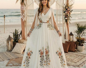 Vestido de novia bohemio bordado, mangas largas acampanadas, vestido de novia con flores silvestres