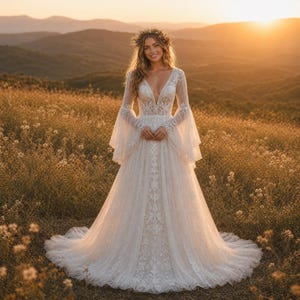 May include: A floor-length white wedding dress featuring long bell sleeves, a deep V-neckline, and intricate lace detailing throughout the bodice and skirt. The gown includes a flowing tulle skirt and a floral crown worn on the head.