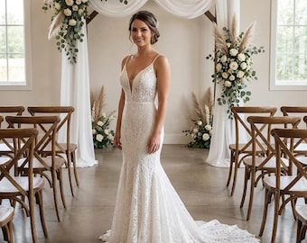 Ivory Lace Mermaid Wedding Dress – Vintage Inspired Bridal Gown, Backless 2026 BOHO