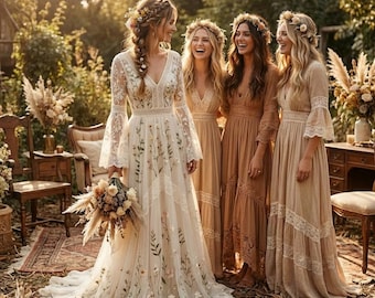 Puede incluir: Cuatro mujeres con vestidos largos y fluidos con coronas de flores, de pie al aire libre. Los vestidos son en tonos crema, beige y marrón, con detalles de encaje y bordados florales. Una mujer sostiene un ramo de flores secas.