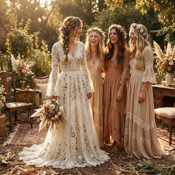 Boho Floral Embroidered Wedding Dress, Bell Sleeve Lace Tulle Gown