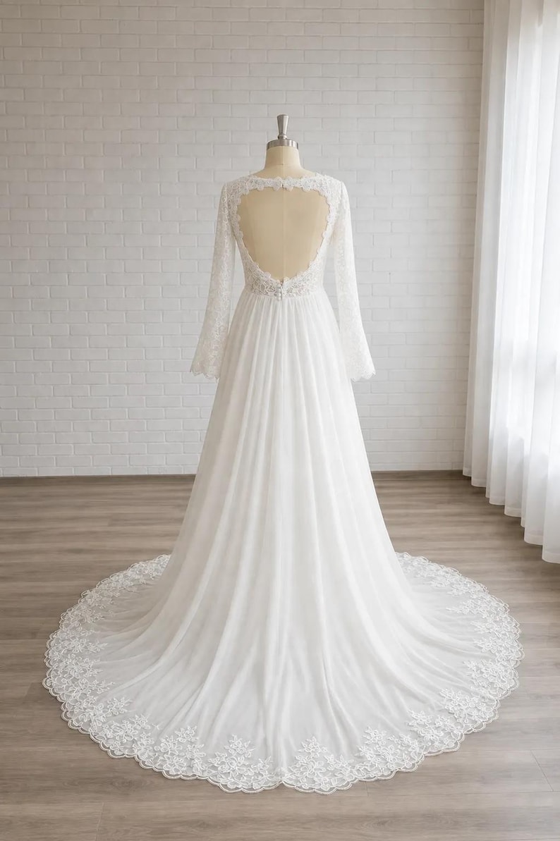 May include: A white floor-length gown featuring long lace sleeves, a heart-shaped open back design, and a flowing skirt with a lace-trimmed hemline. The bodice is detailed with intricate lace patterns that extend down the long sleeves.