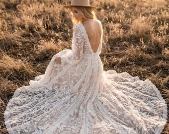 Boho Lace Wedding Dress, Bishop Sleeves, Vintage Square Neck, A-Line Bridal Gown