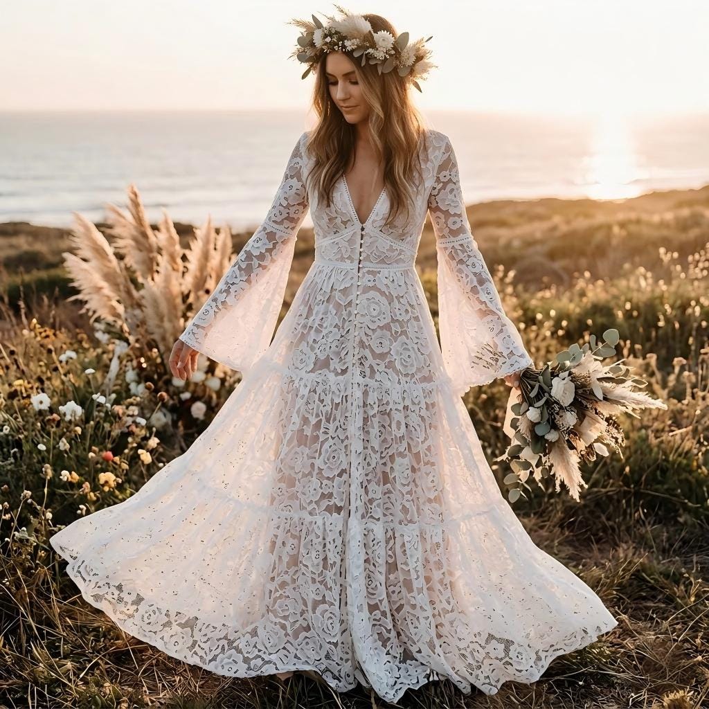 Lace Beach Wedding Dress - Etsy Lace Beach Wedding Dress - Etsy