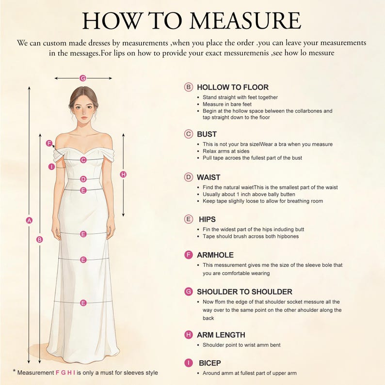 May include: An instructional diagram titled HOW TO MEASURE featuring a line drawing of a figure in a white off-the-shoulder gown. The image includes labelled points A through I with corresponding text instructions for measuring hollow to floor, bust, waist, hips, armhole, shoulder to shoulder, arm length, and bicep.