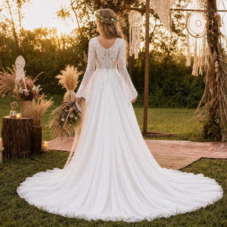 May include: A floor-length white lace wedding dress featuring long bell sleeves, a V-neckline, a fitted bodice with a button-down back, and a flowing skirt with a train. The dress is adorned with intricate floral lace patterns throughout the bodice.