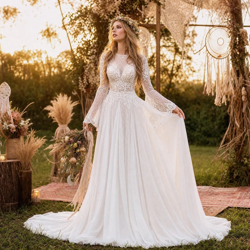 May include: A floor-length white wedding dress featuring long bell sleeves, a fitted bodice with intricate lace embroidery, and a flowing skirt. The garment includes a sheer lace neckline and a delicate floral pattern throughout the bodice.