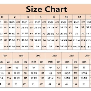May include: A two-part size chart table with a light peach header labeled Size Chart. It lists US sizes 0 through 28w, providing corresponding bust, waist, hips, and hollow to floor measurements in both inches and centimetres for garment sizing.