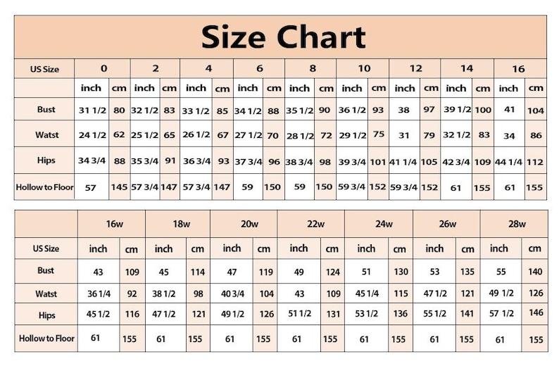 May include: A two-part size chart table with a light peach header labeled Size Chart. It lists US sizes 0 through 28w, providing corresponding bust, waist, hips, and hollow to floor measurements in both inches and centimetres for garment sizing.