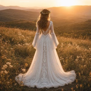 May include: A floor-length white lace gown with long bell sleeves, a deep V-back, and a flowing skirt with intricate floral embroidery. The garment features a fitted bodice that transitions into a full, sweeping train, worn with a floral crown.
