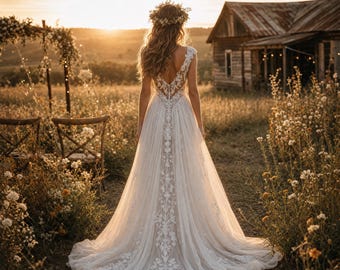Boho Lace Wedding Dress, Plunging V-Neck, Open Back, A-Line Train