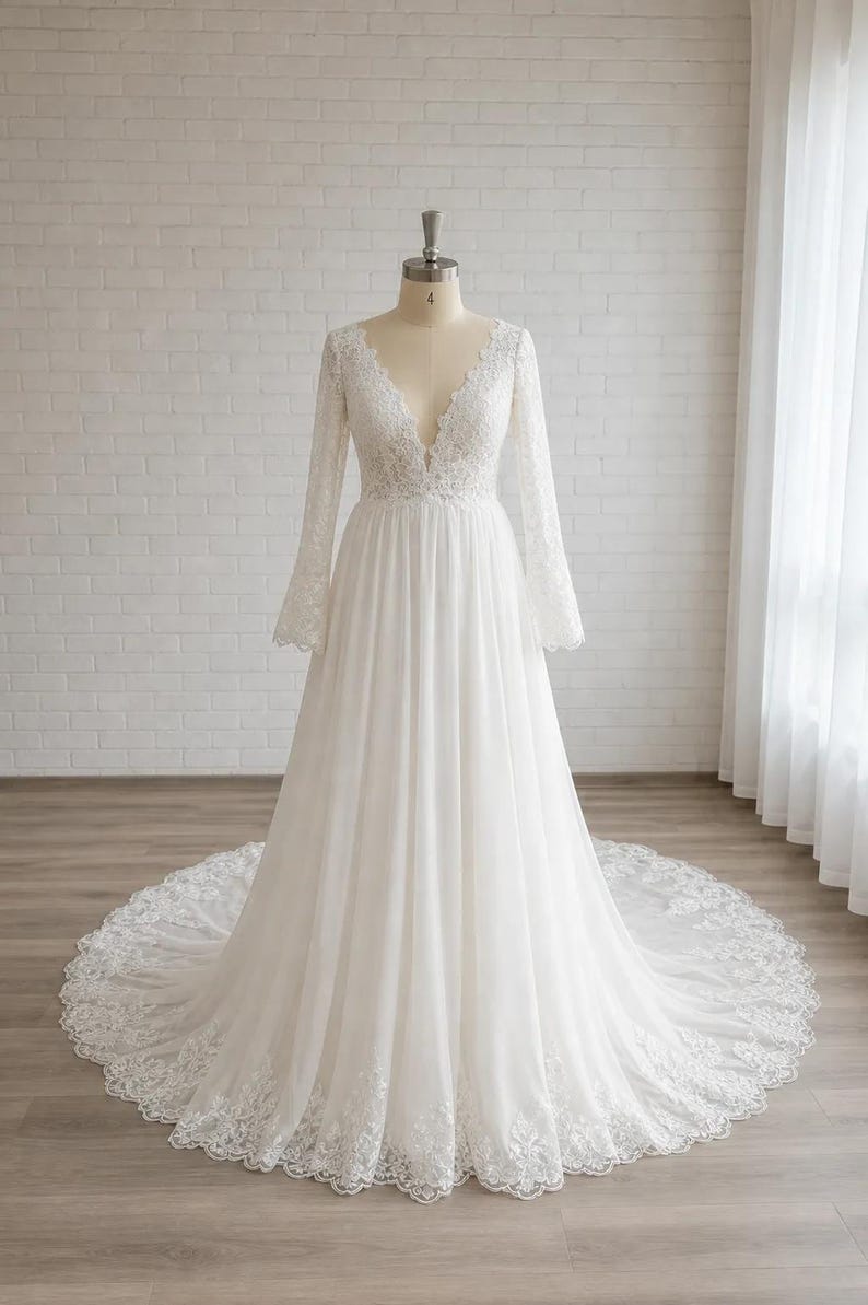 May include: A floor-length white wedding dress featuring a deep V-neckline, long lace sleeves, and a fitted bodice. The skirt is made of flowing fabric with a wide lace-trimmed hem that extends into a circular train, displayed on a mannequin.