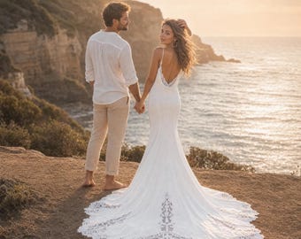 Sleek Mermaid Wedding Dress, Lace Train, V Neck Bridal Gown, Beach Elopement Gown