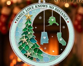 Custom Long Distance Acrylic Ornament, Personalized State Christmas Ornament, Connected By Heart Gift, Family Long Distance Gift