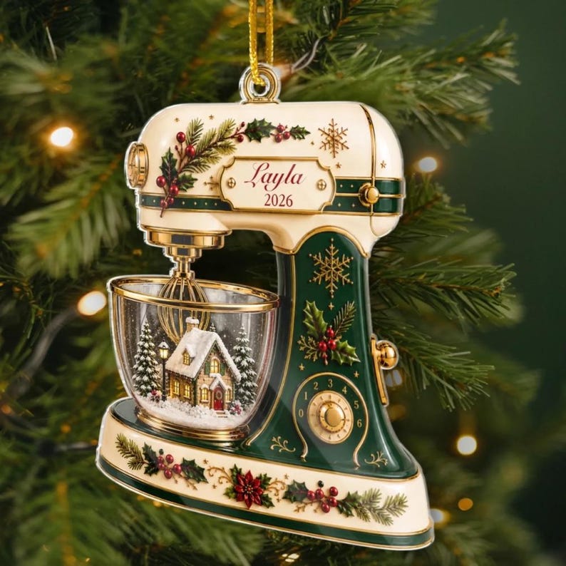 May include: A cream and dark green stand mixer Christmas ornament featuring a gold whisk, holly and snowflake accents, and a clear bowl containing a miniature snow-covered house. The text Layla 2026 is printed on the front of the mixer body.