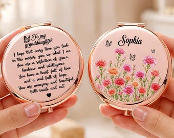 Espejo compacto personalizado para nieta, espejo compacto con diseño floral, regalo para nieta, regalo para abuela, regalo de cumpleaños para ella.