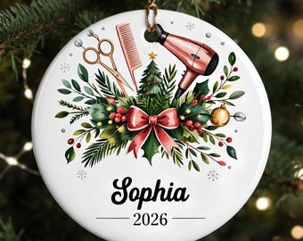 Adorno navideño personalizado para peluqueros, adorno personalizado para peluquería, regalo para salón de belleza, regalo para estilistas, adorno navideño de cerámica