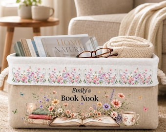 Cesta personalizada para guardar libros, cesta organizadora de libros a medida, regalo para amantes de los libros, regalo para lectores, decoración de biblioteca, cesta para rincón de lectura.