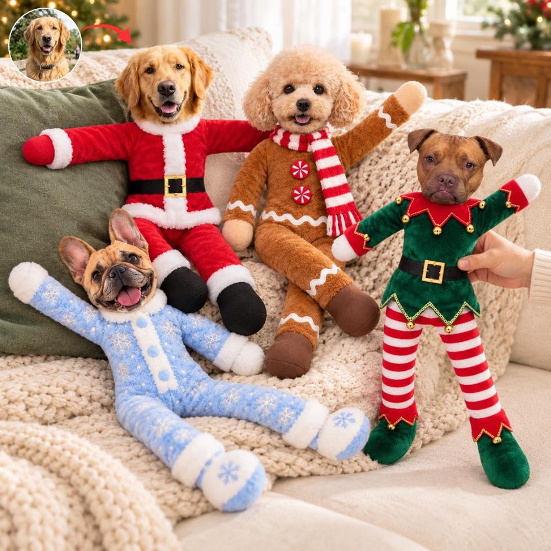 Personalized Christmas Pet Plush Doll, Custom Dog Photo Poseable Doll ...