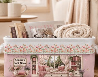 Cesta de almacenamiento personalizada para amantes de los libros, cesta personalizada para rincón de lectura, organizador de rincón de lectura, regalo floral del mes de nacimiento, regalo para ella.