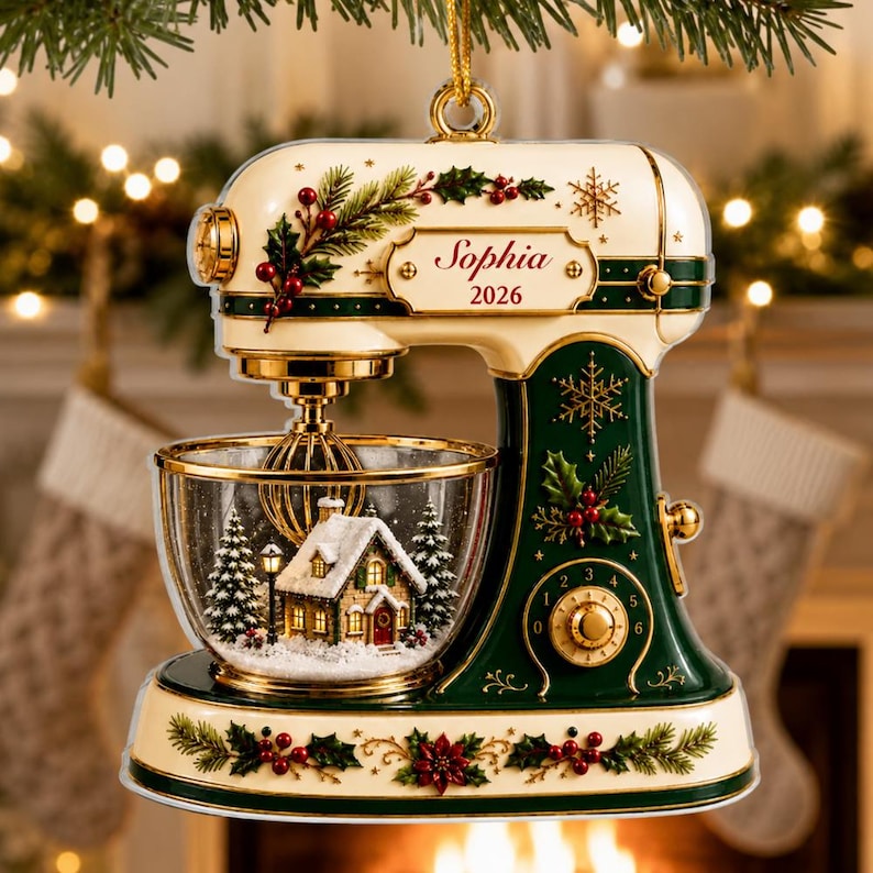 May include: A cream and dark green stand mixer ornament featuring a clear glass bowl containing a miniature snow-covered house and pine trees. The mixer is decorated with holly, berries, and snowflakes, and includes a plaque with the text Sophia 2026.