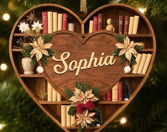 Adorno navideño personalizado para amantes de los libros, adorno de madera personalizado, regalo para amantes de los libros, regalo navideño para lectores, regalo para lectores, adorno con nombre personalizado