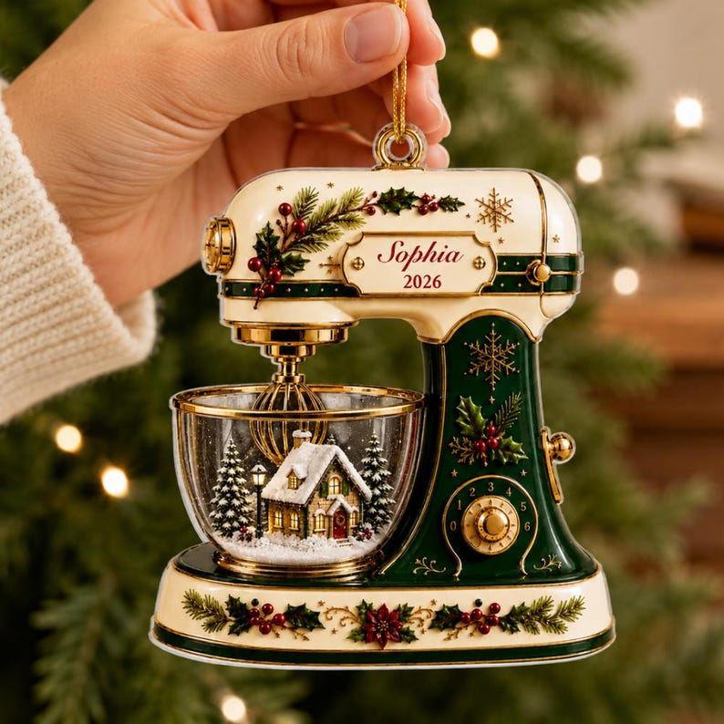 May include: A cream and dark green stand mixer Christmas ornament featuring gold accents, holly and berry illustrations, and a clear mixing bowl containing a miniature snow-covered house and pine trees. The name Sophia and 2026 are printed on it.