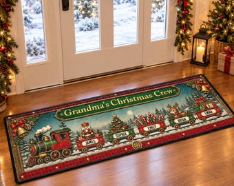 Personalized Christmas Runner Rug, Custom Family Christmas Rug, Christmas Train Rug, Grandma's Christmas Crew, Holiday Home Decor