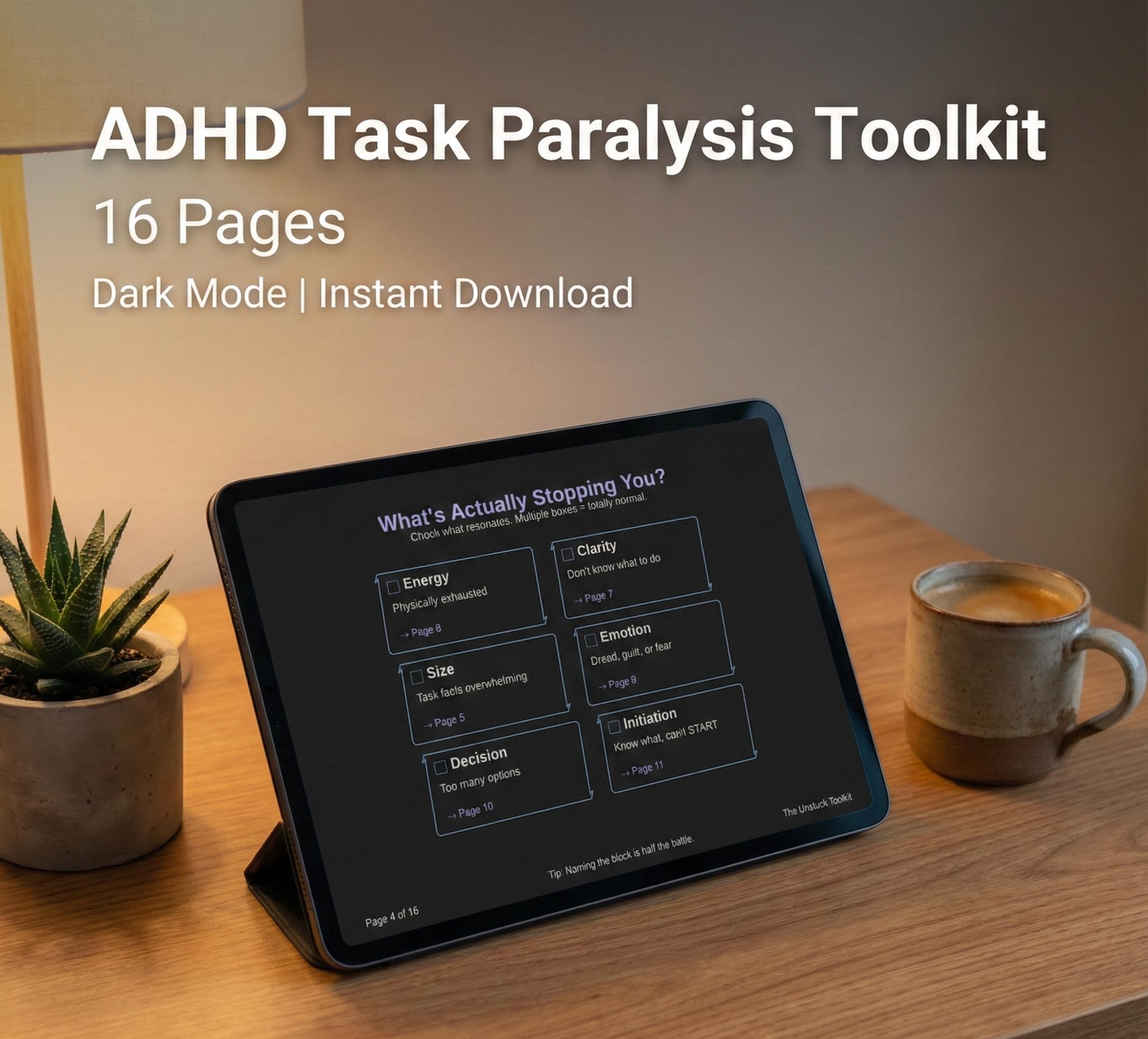 Task Paralysis Pdf ADHD Task Paralysis Toolkit 2026 | Executive Dysfunction Planner | Dark ...