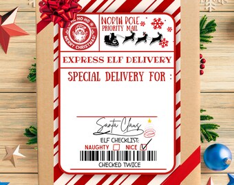 Etiqueta de correo prioritario del Polo Norte PNG, etiqueta de envío de Papá Noel, lista de buenos imprimible