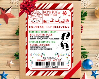 Plantilla de etiqueta adhesiva para correo de Papá Noel, Canva navideño editable (descarga digital)
