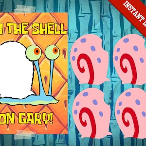 May include: A colorful "Pin the Shell on Gary" party game featuring a cartoon snail with a blank shell and four pink shell cutouts. The game has a red "Instant Download" banner.