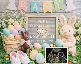 Plantilla para anuncio de embarazo "Estamos esperando huevos" / Diseño editable de cesta de Pascua (Descarga digital)